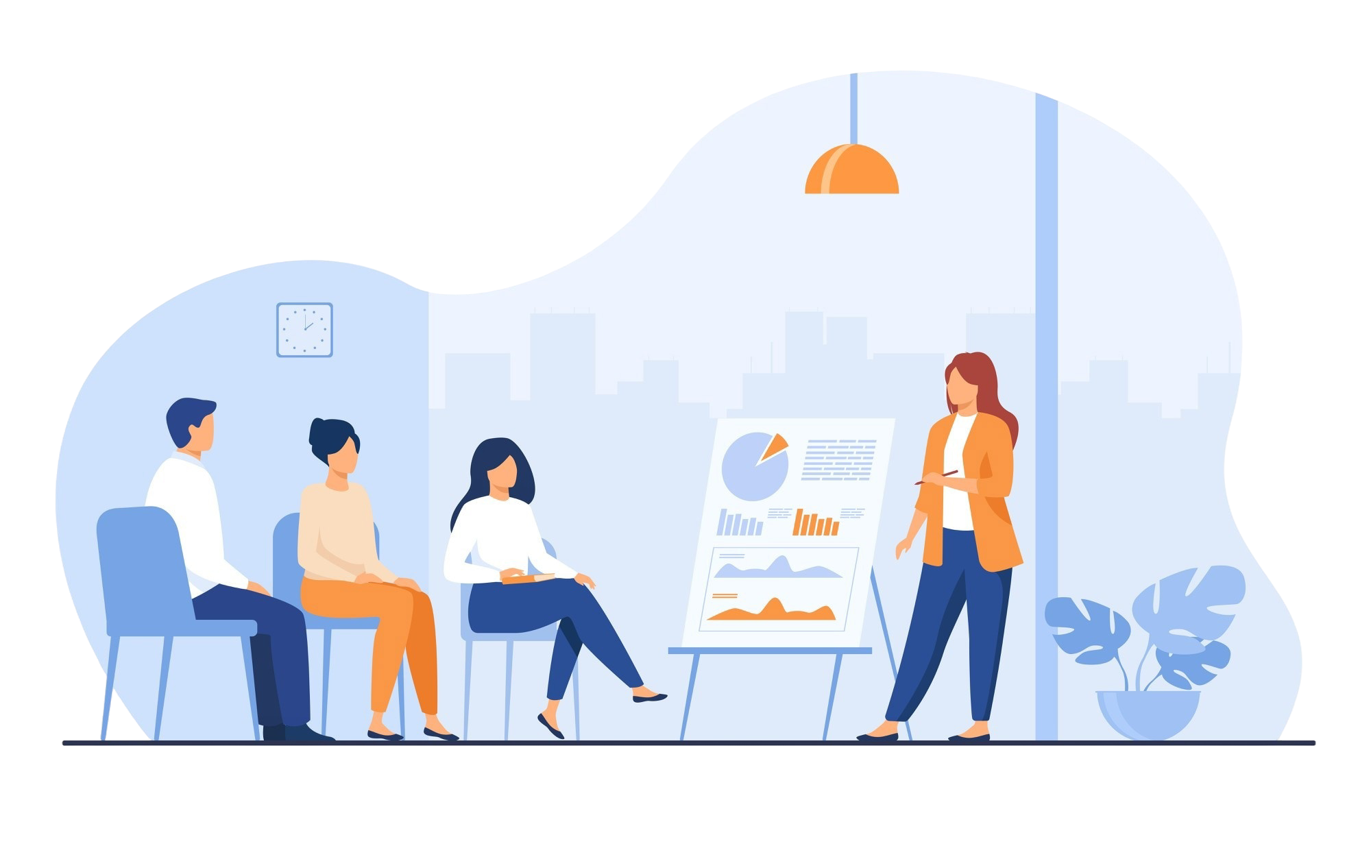 Illustration of a woman presenting charts