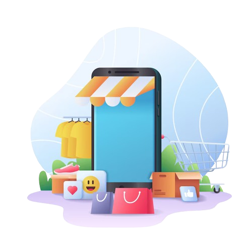 Icon showing a smartphone with shopping bags and boxes around it