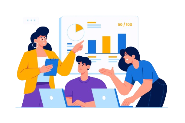 Icon showing three people collaborating with charts and graphs on a screen